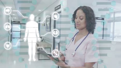 animation of medical data processing over biracial female doctor