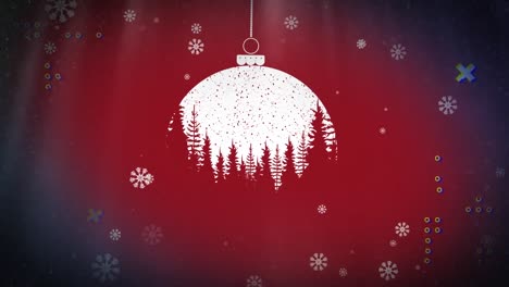 Abstract-shapes-and-snowflakes-falling-over-baubles-hanging-decoration-against-red-background