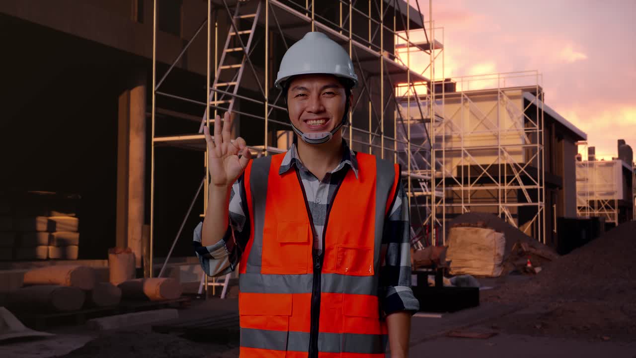 Smiling Asian Construction Worker Making OK Gesture at Sunset