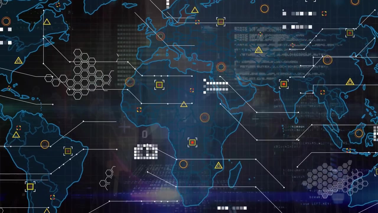 Animation of golden confetti falling over data processing and world map against tall buildings