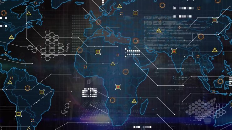 Animation of golden confetti falling over data processing and world map against tall buildings