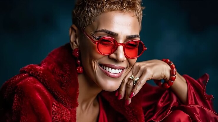 A woman in a red coat and red sunglasses smiles at the camera