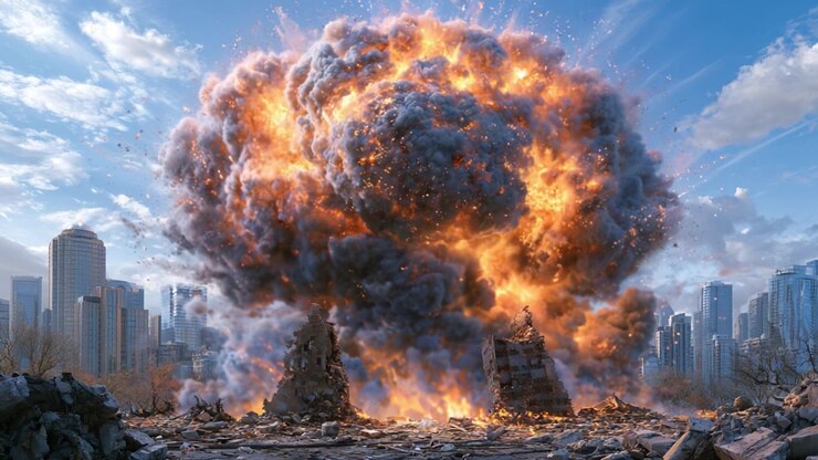 Dramatic Urban Explosion Captured in Two Frames: A Powerful Eruption Lighting Up the City Skyline, Showcasing Fire, Smoke, and Urban Destruction
