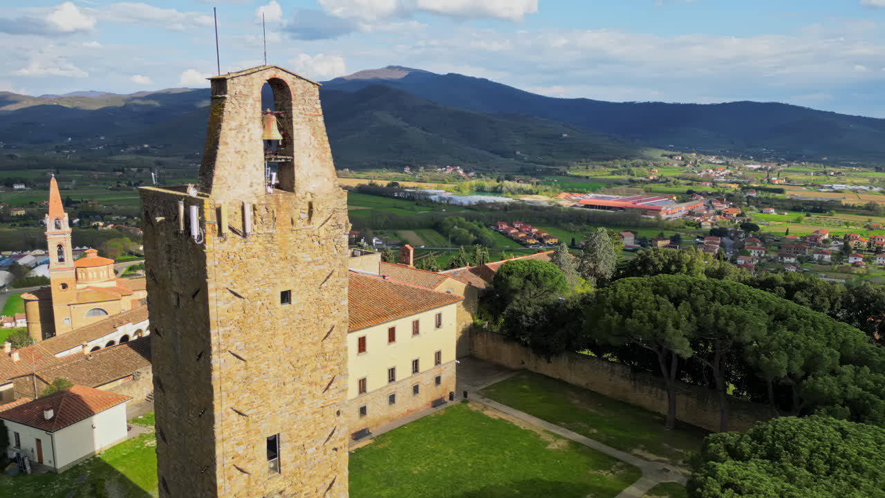 Aerial drone view of the Cassero Tower in Castiglion Fiorentino, Tuscany, Italy