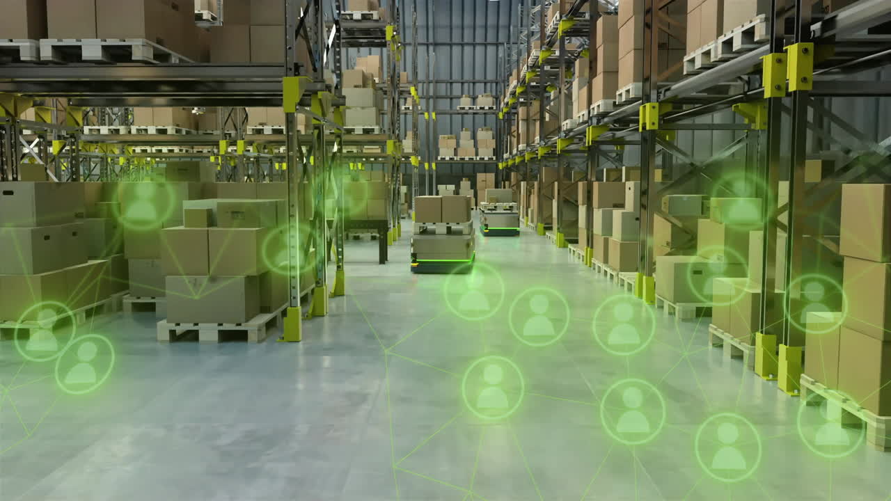 Green network of connections animation over warehouse with boxes and shelves