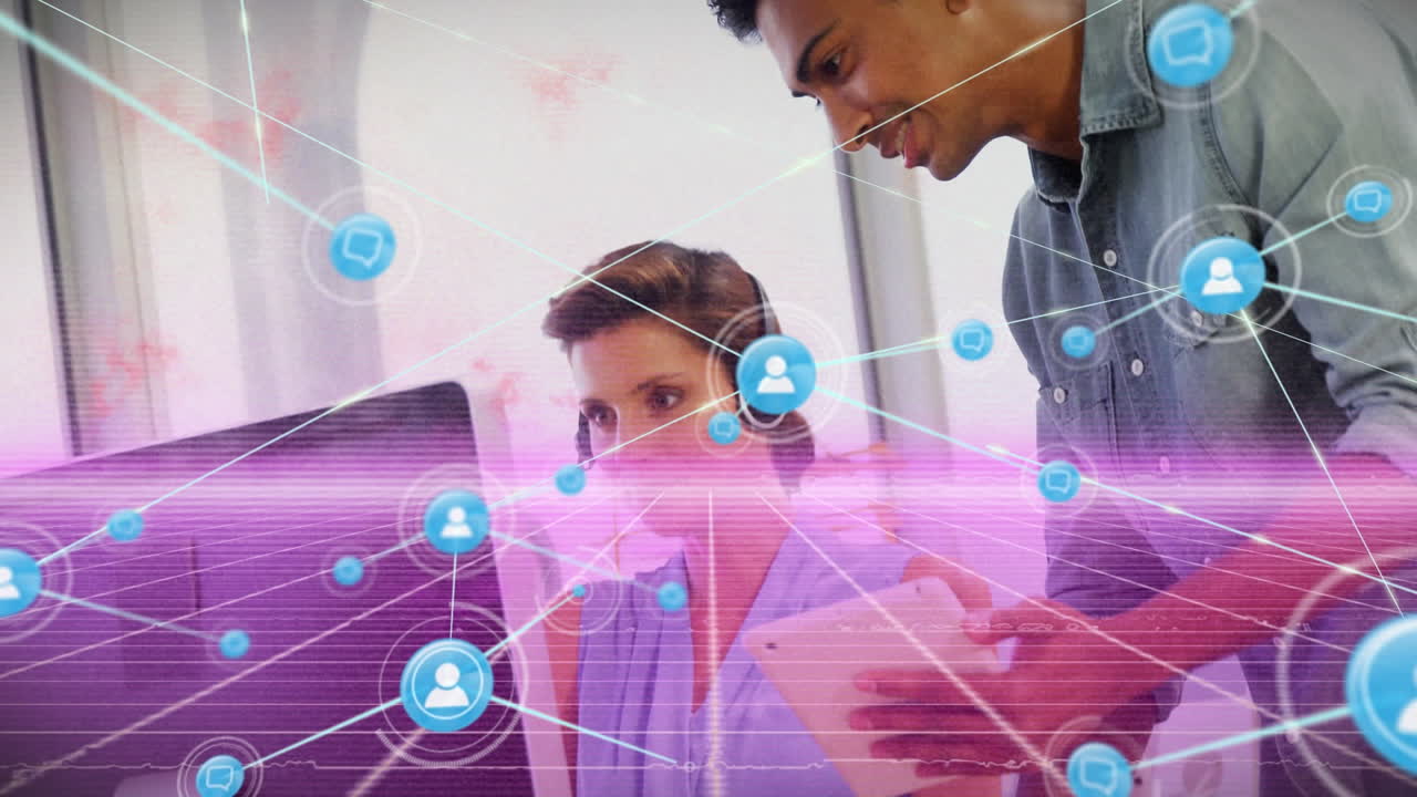 animación de la red de conexiones a través de personas de negocios que usan auriculares telefónicos