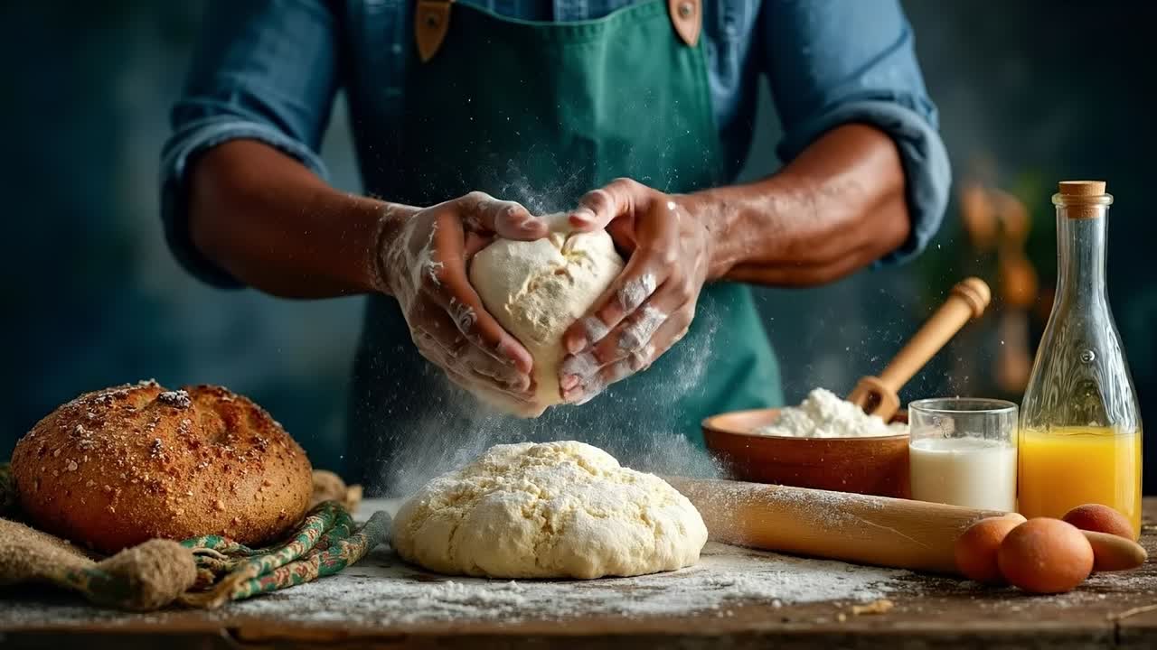A person kneading dough on a wooden table