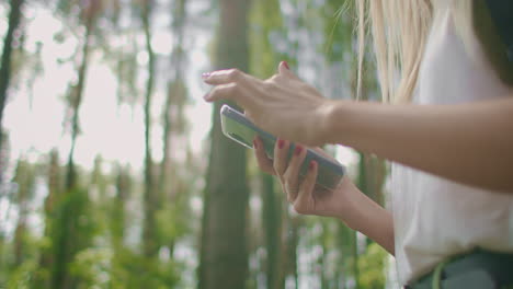 close-up of a mobile phone in the hands of a female traveler walking through the forest. social networks navigator and messenger. use your mobile phone for a walk in the woods