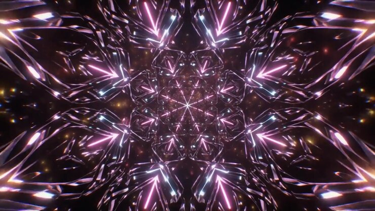 Abstract Kaleidoscope Tunnel with Glowing Pink and Purple Crystal Reflections