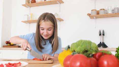 a teenage girl cooks in the kitchen she cuts red pepper a teenage girl cooks in the kitchen she cuts red pepper happy teenage girl helping mom in the kitchen laughing the child prepares fresh vegetables