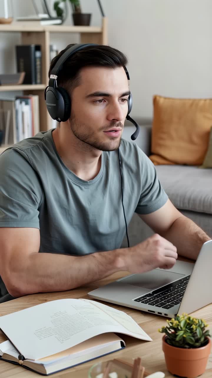 A man wearing headphones is sitting at a desk with a laptop and a book