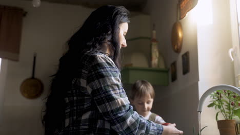 mujer caucásica lavando una manzana en el fregadero. luego se la da a su hijo