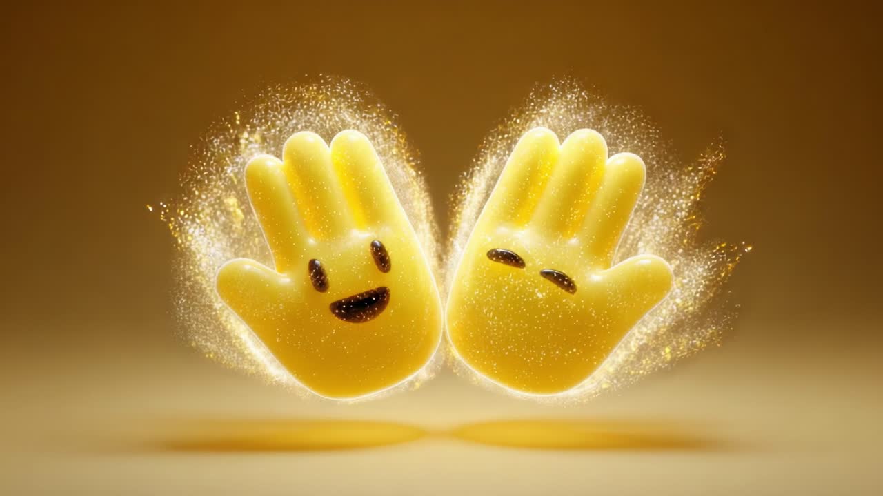 Two Vibrant Yellow Hands with Cheerful Expressions Form an Energetic Display with Sparkling Effects Against a Soft Background, Evoking Joy and Happiness in a Playful Scene
