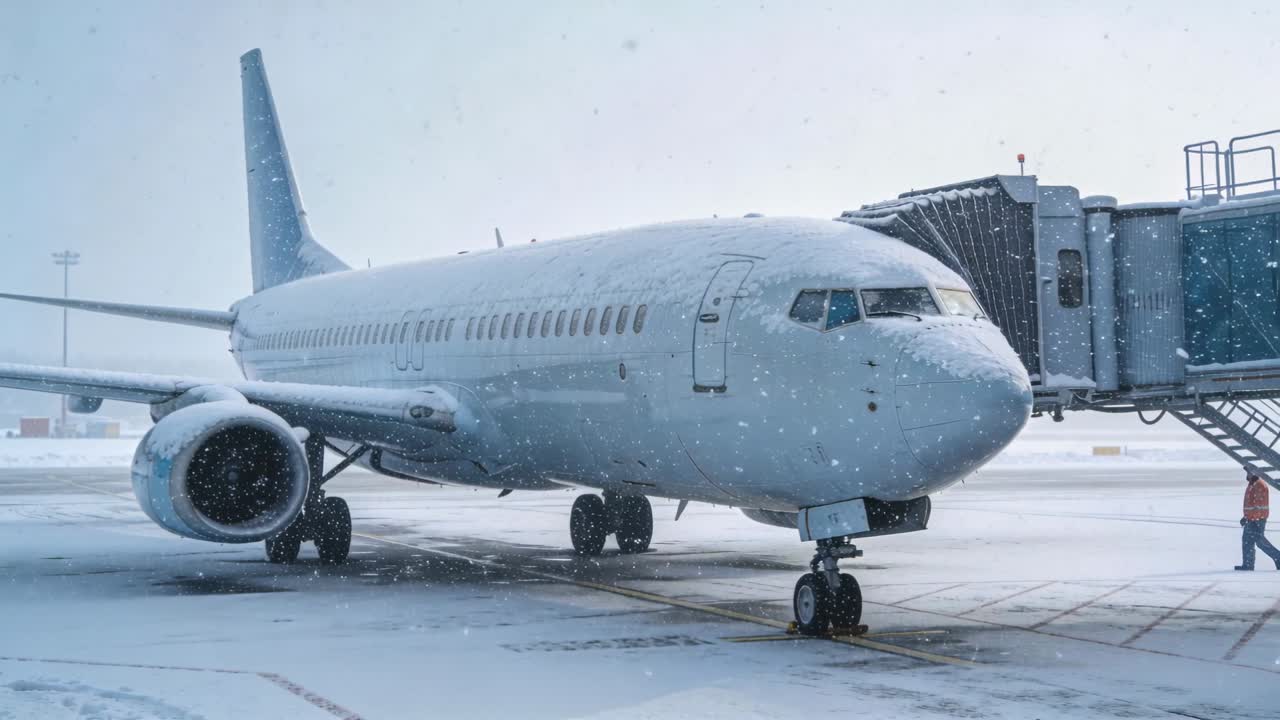 Il personale di terra cammina verso il carrello anteriore dopo che l'aereo ha parcheggiato al gate, eseguendo il controllo pre-volo sotto la nevicata.