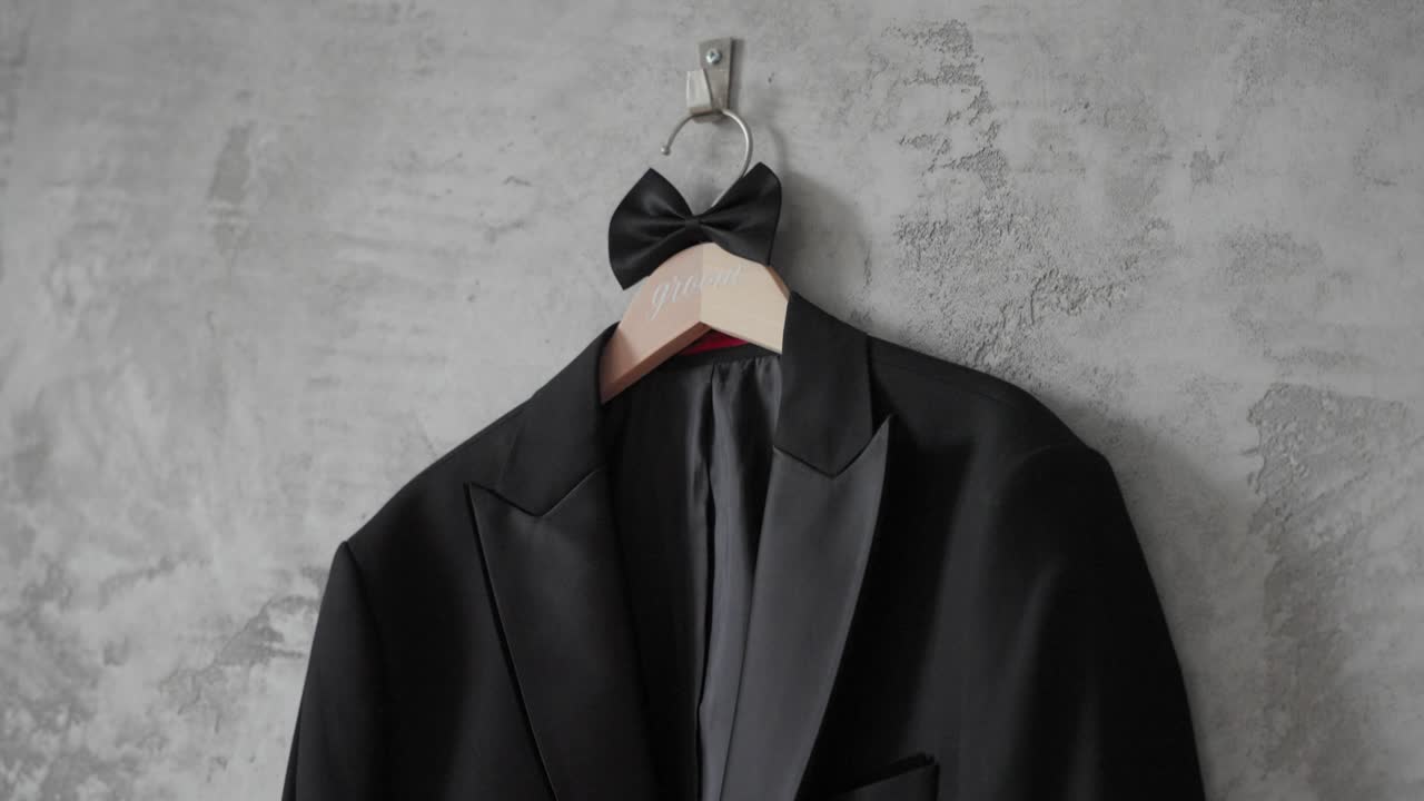 Detailed close-up shot of a luxurious black suit hanging on a gray textured wall. Perfect lighting accentuates the fabric's rich texture, offering a classy, sophisticated view
