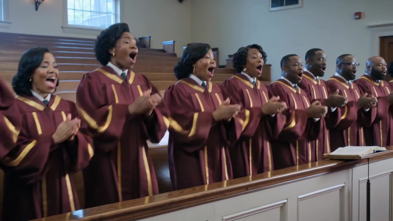 Clapping choir in maroon robes shifting into singing on music cue at church, hymnal guiding worship