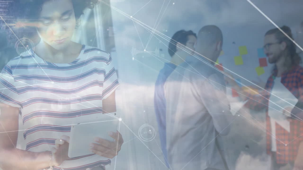 Student using tablet and team shaking hands in business office, showing digital graphs and notes