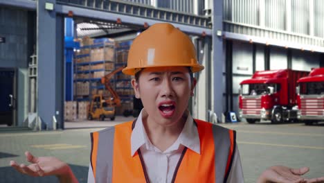 close up of wondering asian female engineer with safety helmet saying why working doubtfully, outside of logistics distributions warehouse