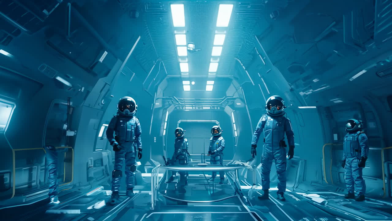 Astronauts Prepare for Mission in Advanced Space Station Environment. A group of astronauts in blue suits gets ready for an upcoming mission inside a high-tech space station.