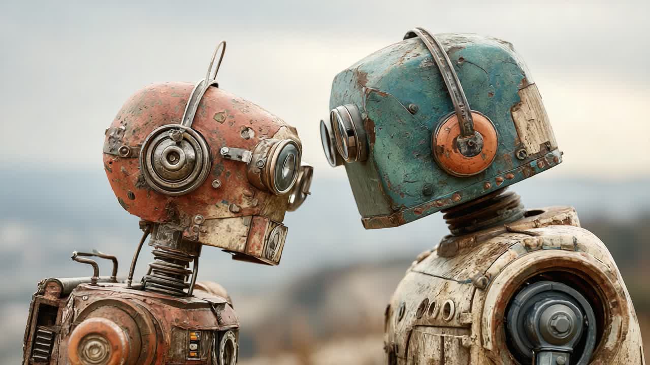 A Heartfelt Encounter Between Two Rusty Robots on a Distant Horizon, Capturing the Emotion and Intricacies of Mechanical Companionship Amidst Nature's Splendor