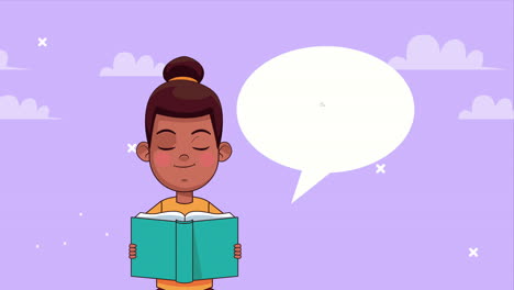 niña estudiante afro leyendo un libro con burbuja de habla y castillo