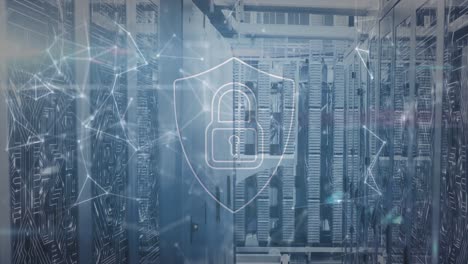 Animation-of-padlock-and-shield-icon-with-connected-dots-over-data-server-systems