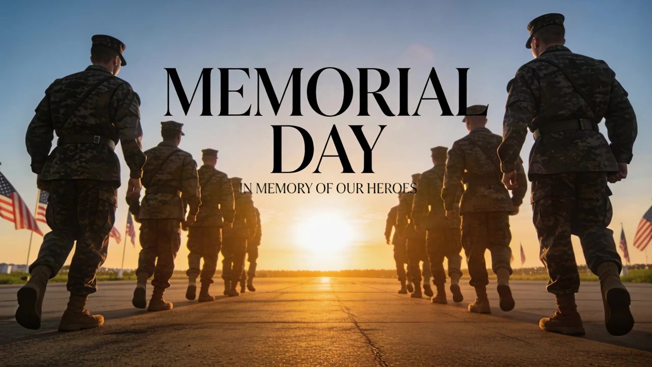 Marcherende eenheid in camouflagekleding beweegt richting de zon op een helling op commando ter ere van helden, Amerikaanse vlaggen, MEMORIAL DAY