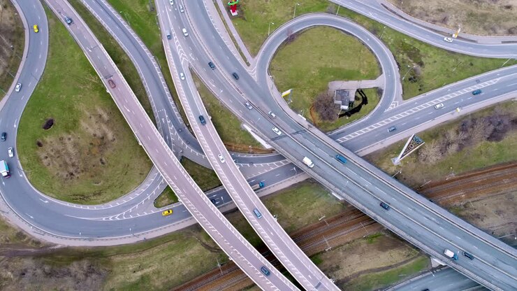 Aerial view of a freeway intersection
