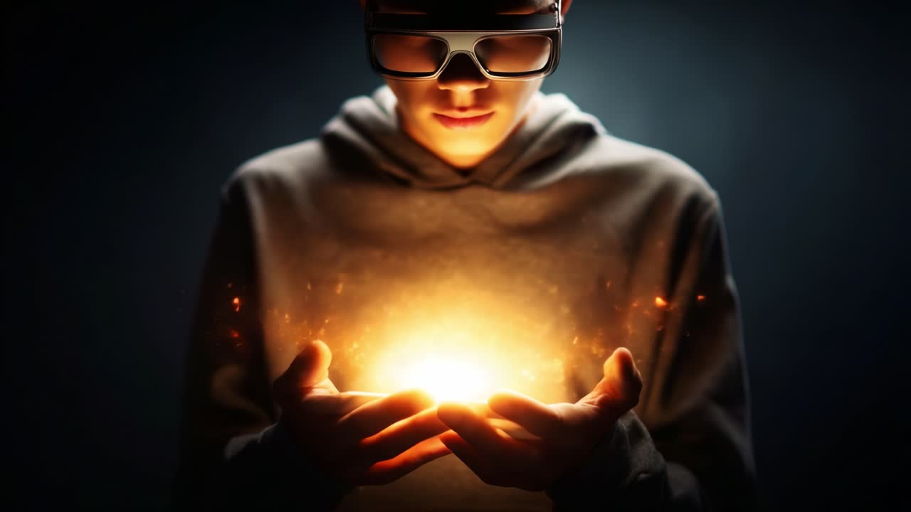 A young person in a hoodie and glasses gazes intently at a glowing orb of light held in their hands, symbolizing curiosity, creativity, and the magic of imagination captured in a dark, atmospheric setting