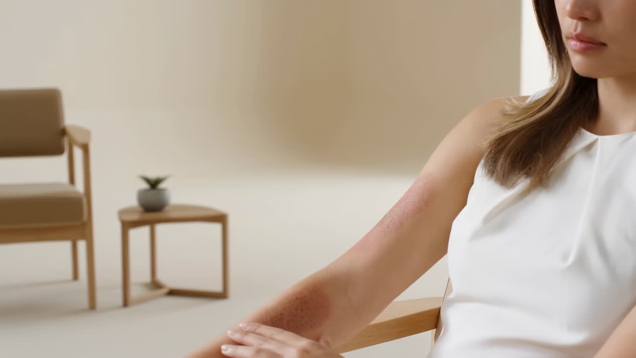 Mujer sentada en una sala de espera minimalista mostrando decoloración en la piel del brazo, interior moderno beige con madera.