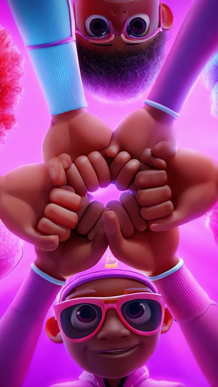 A Colorful Gathering of Animated Hands Joining Together in Unity with Vivid Background and Playful Expressions, Showcasing the Joy of Togetherness