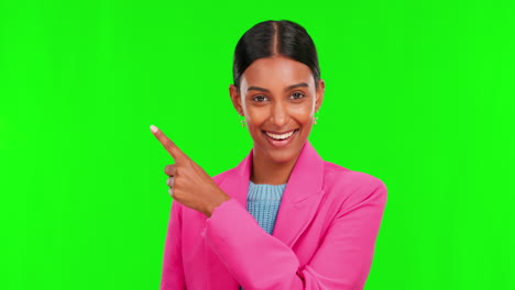 Green-Screen,-woman-and-portrait-of-pointing-to