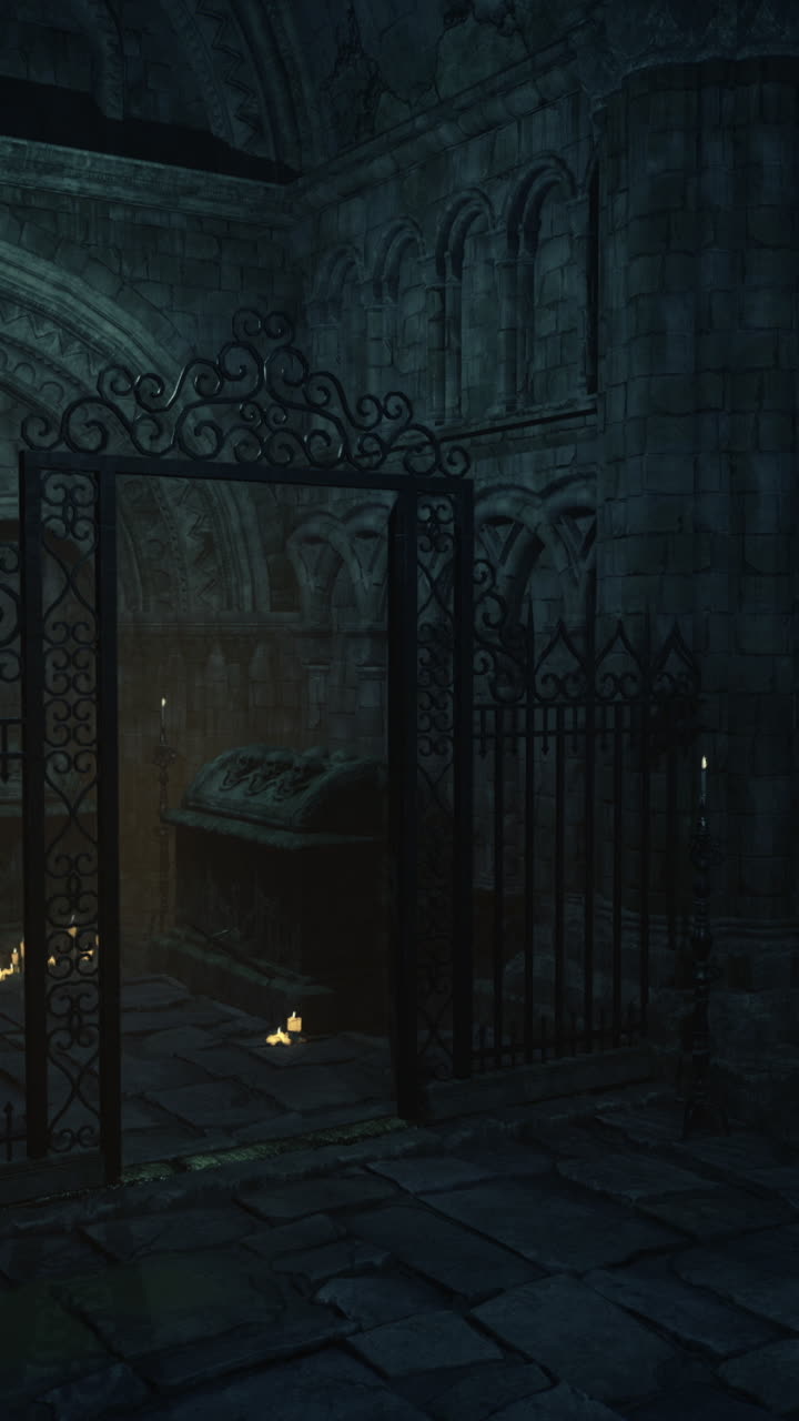 Eerie stone chamber lit by flickering candles in a dark setting