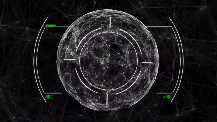 Vertikal video: Wireframe-teknologikugle dukker op, grøn markør igangsætter ringe, der roterer og scanner
