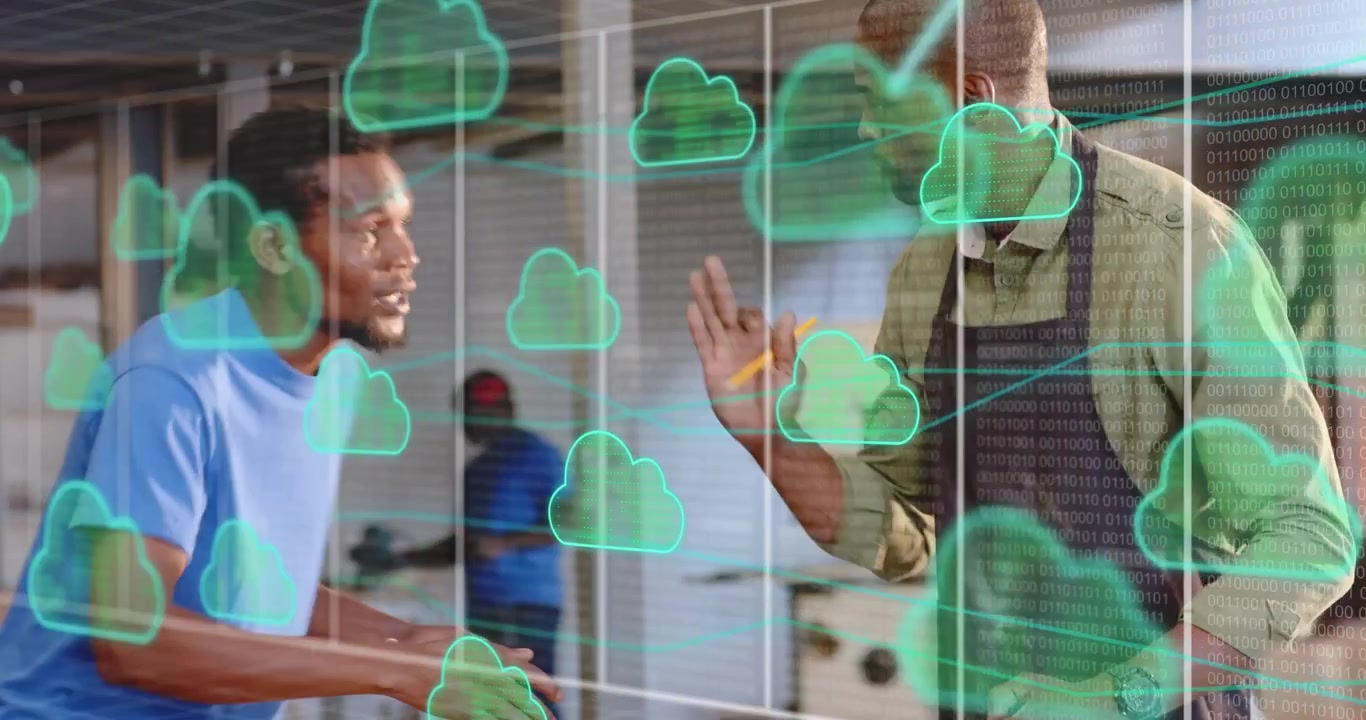 Two carpenters using tape marking and aligning boards with cloud icons validating dimensions