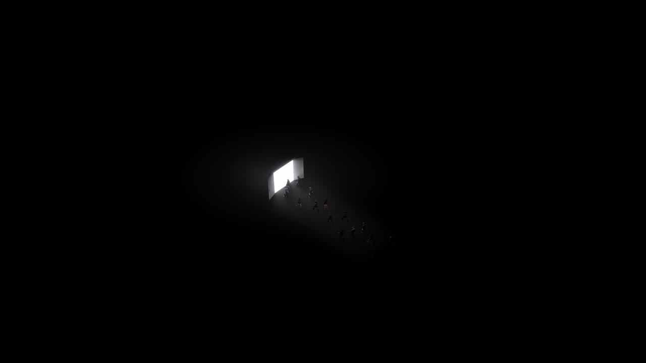 Un gruppo di persone che cammina verso una luce brillante proveniente da una porta aperta in una stanza buia.