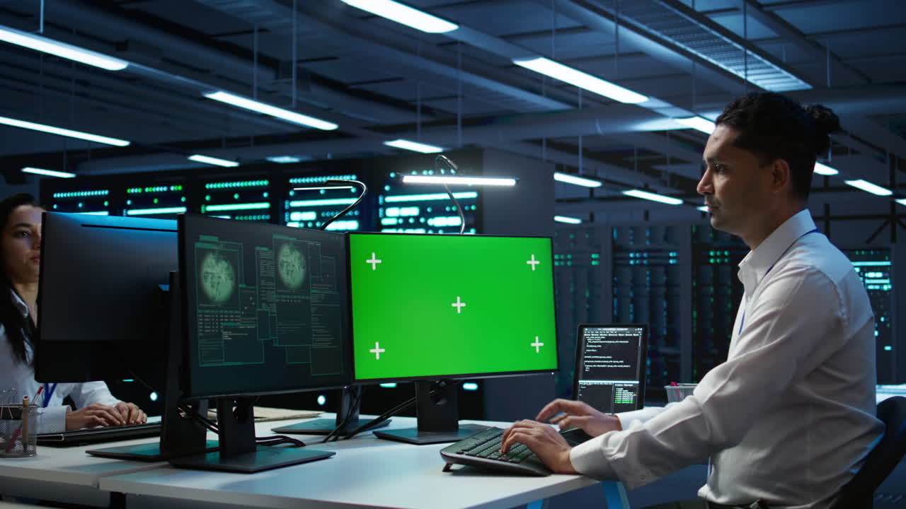 administrador del sistema que utiliza la tecnología ai en una pc de pantalla aislada en el centro de datos