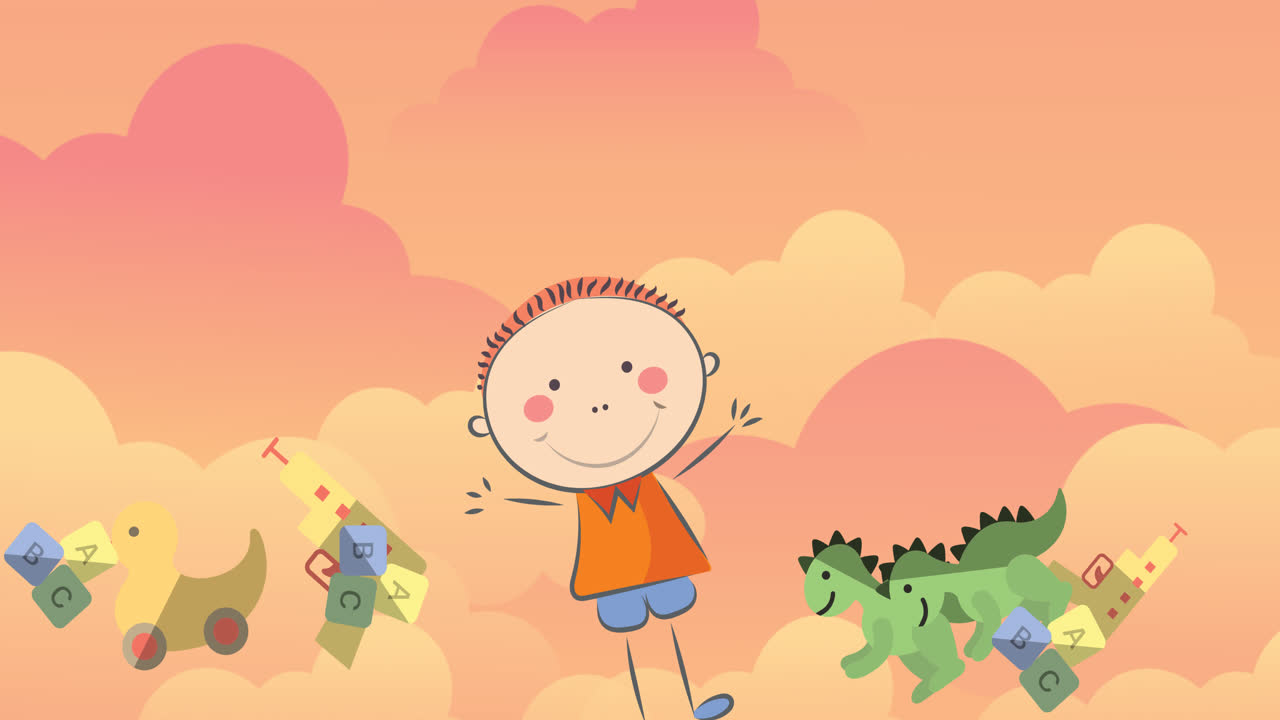 animación de la ilustración de un niño feliz con juguetes sobre nubes naranjas en el fondo
