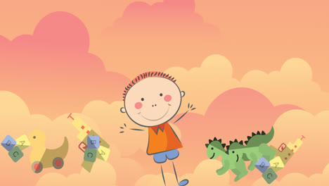 animation of illustration of happy boy with toys over orange clouds in background