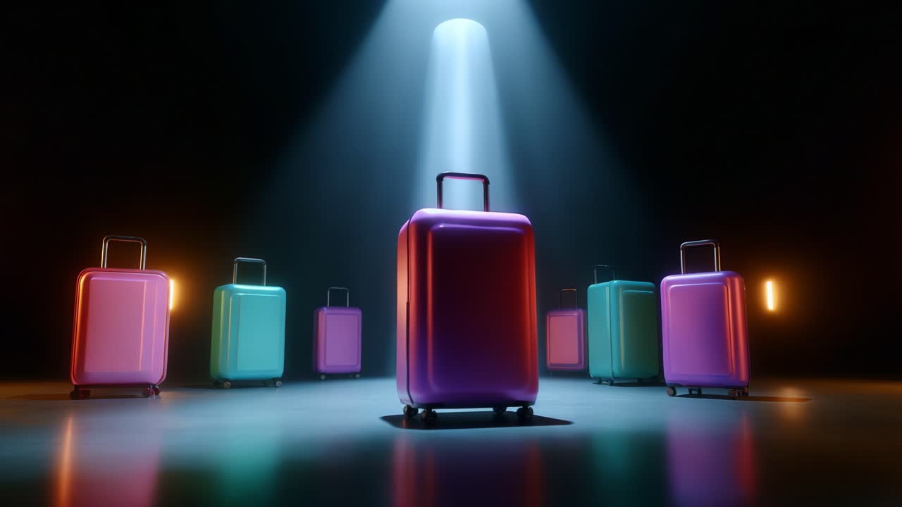 A captivating showcase of colorful suitcases illuminated by dramatic spotlighting in a dark environment, showcasing a modern and artistic flair in luggage design and presentation, highlighting travel essentials
