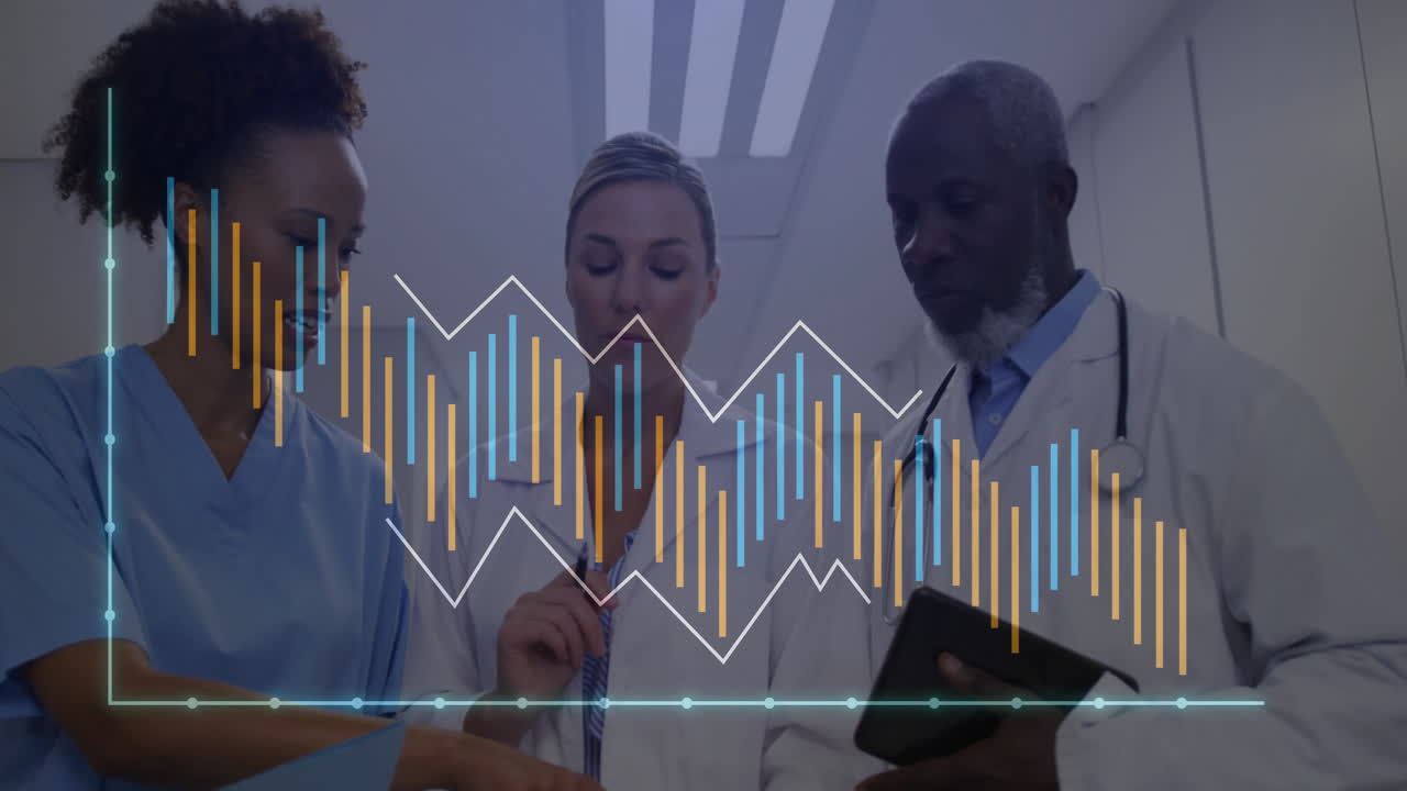 Three healthcare staff examining data in hospital corridor, displaying bar and line chart overlay
