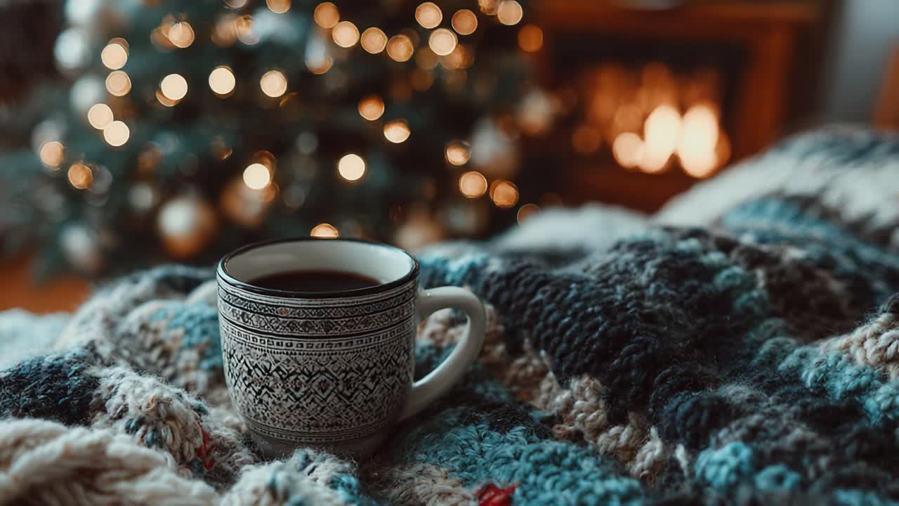 Cozy Winter Scene Featuring a Warm Cup of Coffee Nestled in a Beautifully Knit Blanket, Set Against a Background of Tastefully Decorated Christmas Lights