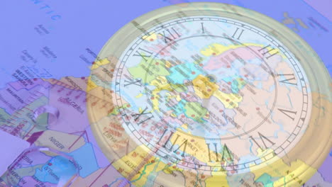 animación de un reloj moviéndose sobre el mapa del mundo