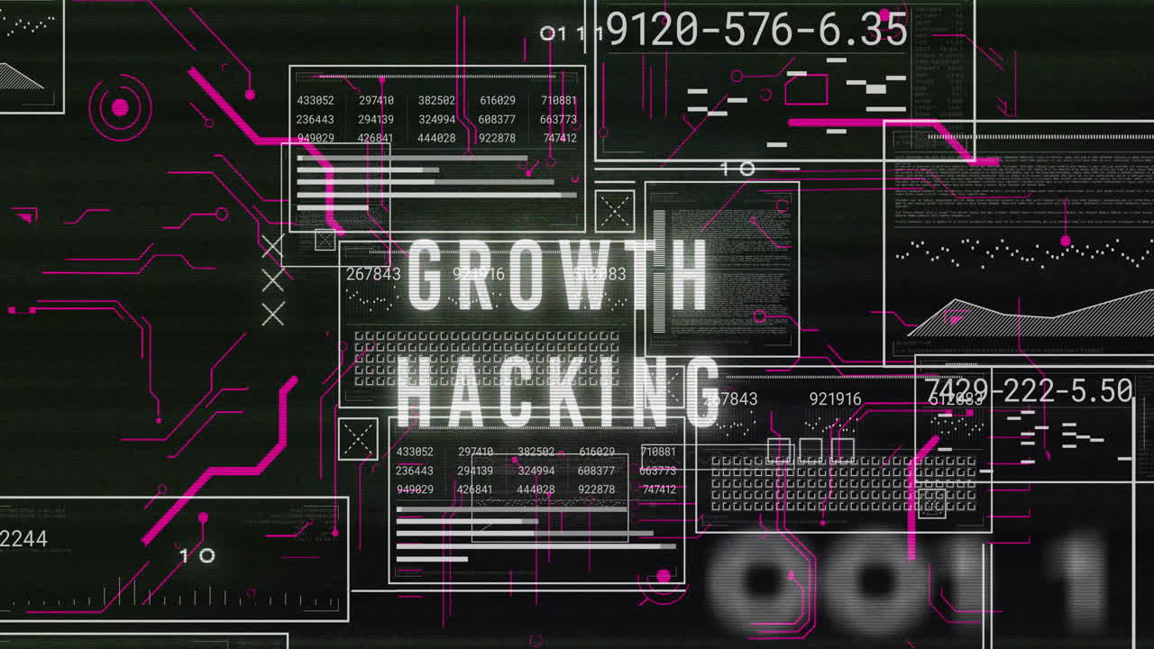 Animation of digital data and graphs with Growth Hacking text on dark background