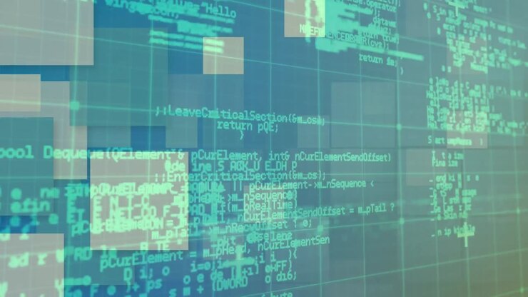 Animazione di elaborazione dati digitali su sfondo di schermi e griglia
