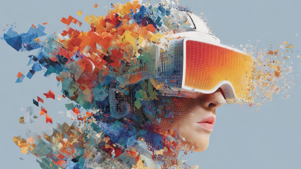 Exploring the Intersection of Reality and Imagination: A Stunning Visualization of a Virtual Reality Experience Represented by a Fragmented Head and Colorful Digital Particles in an Artistic Masterpiece