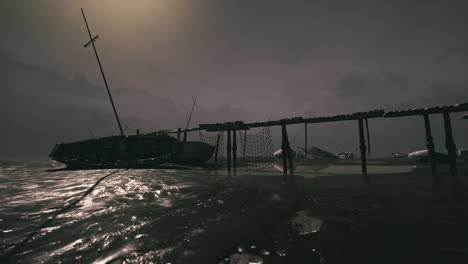 derelict ship near an abandoned pier during a cloudy day with fog