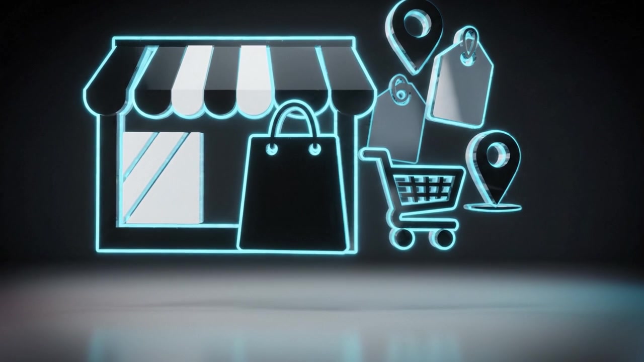 Conceptos de comercio minorista digital: Un escaparate moderno que exhibe elementos de compra, incluyendo bolsas, carritos y etiquetas de ubicación, representando experiencias de compra en línea y fuera de línea