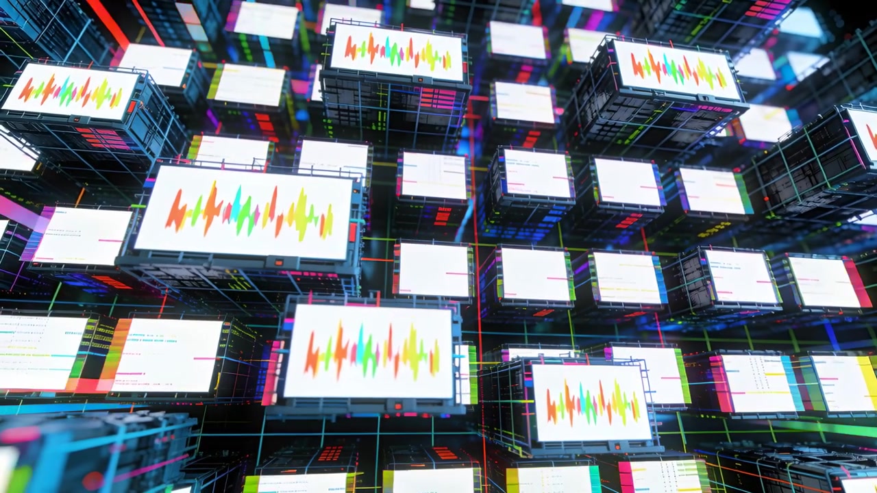 Avvio aggiornamento dati, moduli display che ciclicamente mostrano forme d'onda dal bianco al neon in una matrice di dati, bagliore dell'obiettivo.