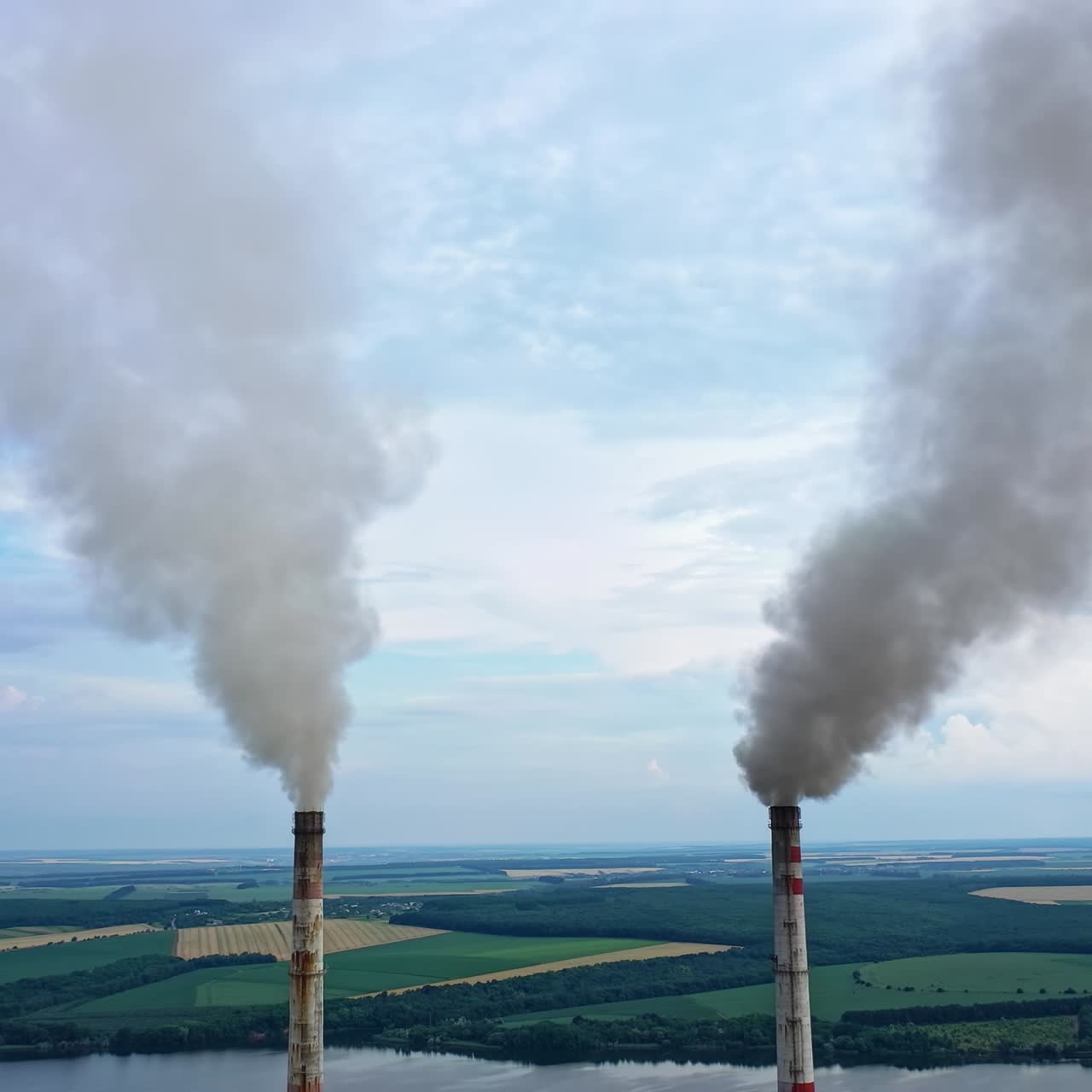 Atmospheric air pollution from industrial smoke. Pipes with chemical smoke from industrial plant. Thick smoke and steam pollute the environment. Climate change and global warming